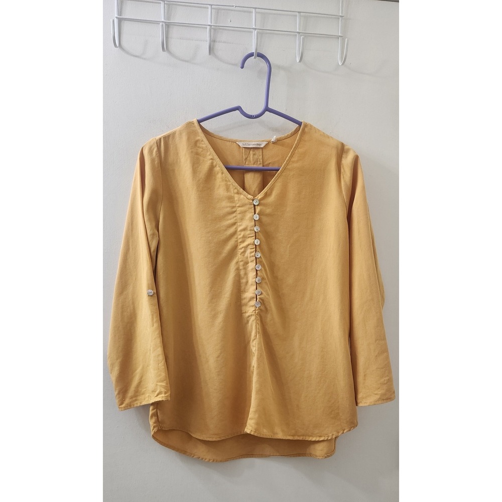 Soft Surroundings Mustard Yellow Tencel Lyocell Roll Tab Sleeve Blouse PS 3CA07